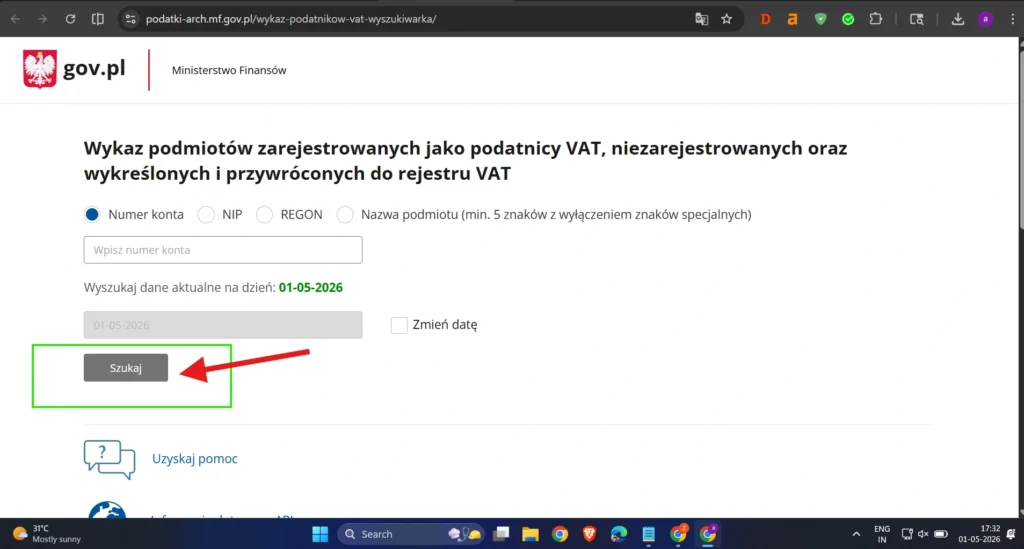 Przycisk wyszukiwania w białej liście VAT