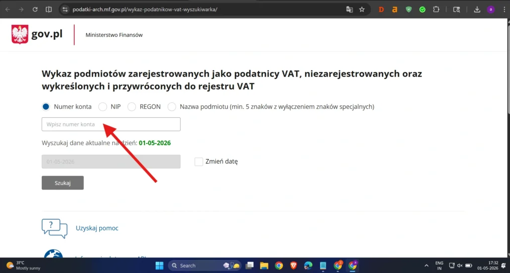 Wprowadzanie danych kontrahenta w wyszukiwarce białej listy VAT