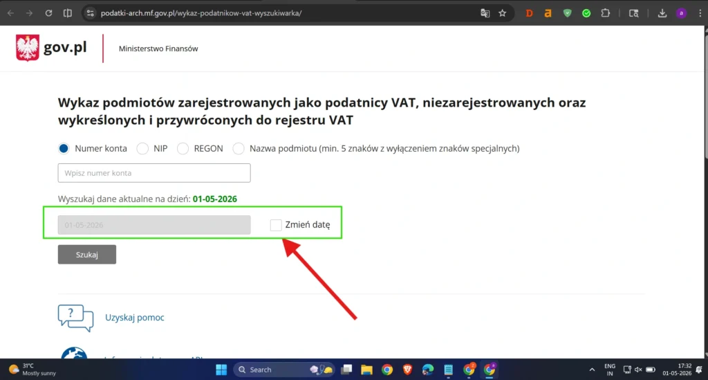 Wybór daty sprawdzenia kontrahenta w wykazie podatników VAT