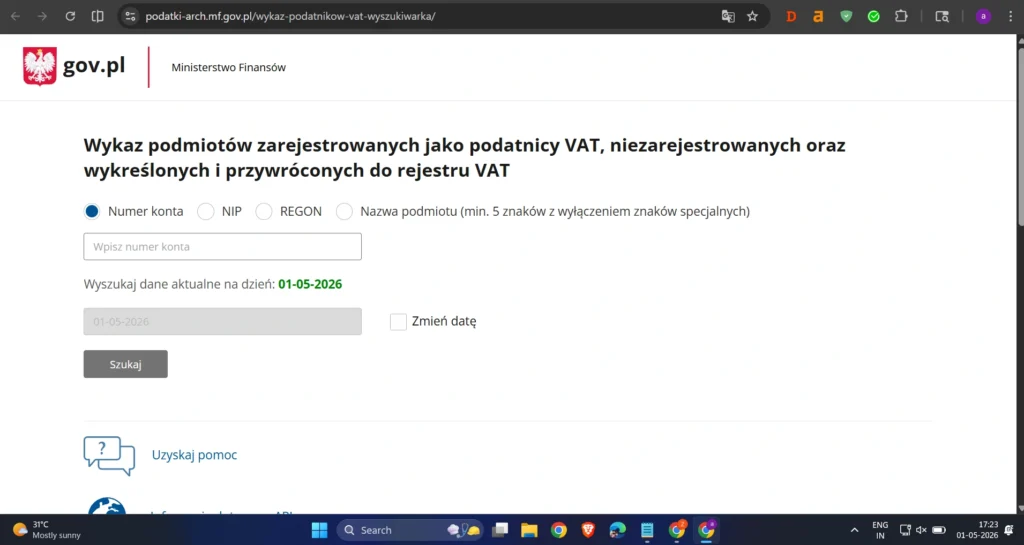 Wyszukiwarka białej listy VAT na stronie podatki.gov.pl